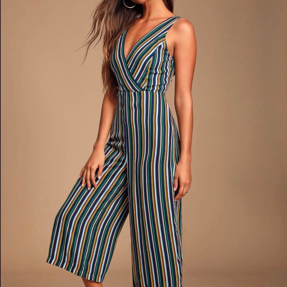 Lulus Allyson Navy Multi Striped Culotte Jumpsuit